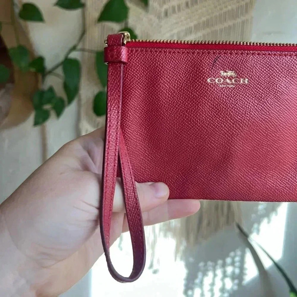 Coach Red Saffiano Leather Wristlet Pouch | Zip-Top Small Clutch | Wallet - Picture 4 of 11
